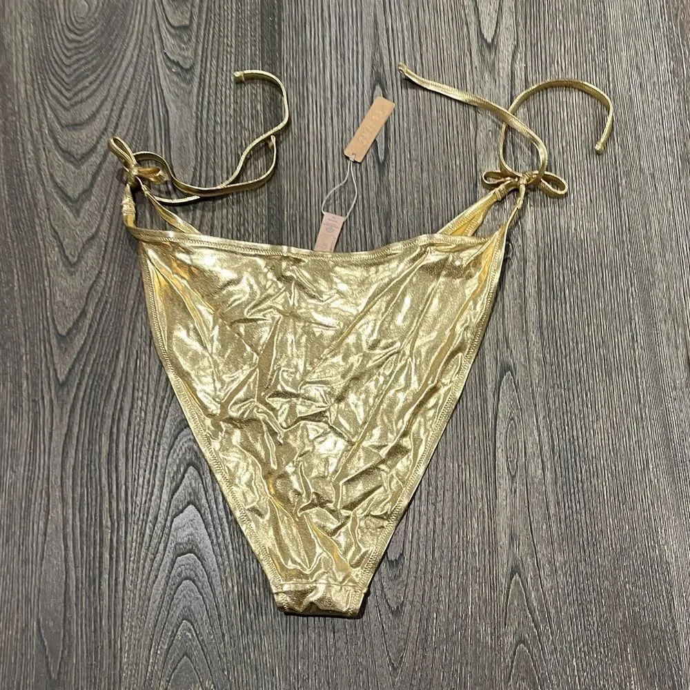 NWT SKIMS Metallic Swim Skimpy Triangle Bottom Side Tie Swimwear Gold Size 3X
